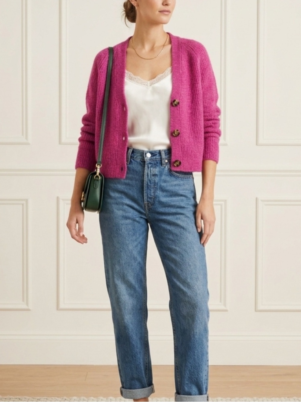 GANNI  WOOL ALPACA Fuchsia Pink Mohair-Blend Button Cardigan Size Xxs